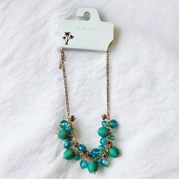 Statement Necklace Teal Gold Boho Gemstone Glam Fashion Beaded Coastal *NEW* - Picture 1 of 8